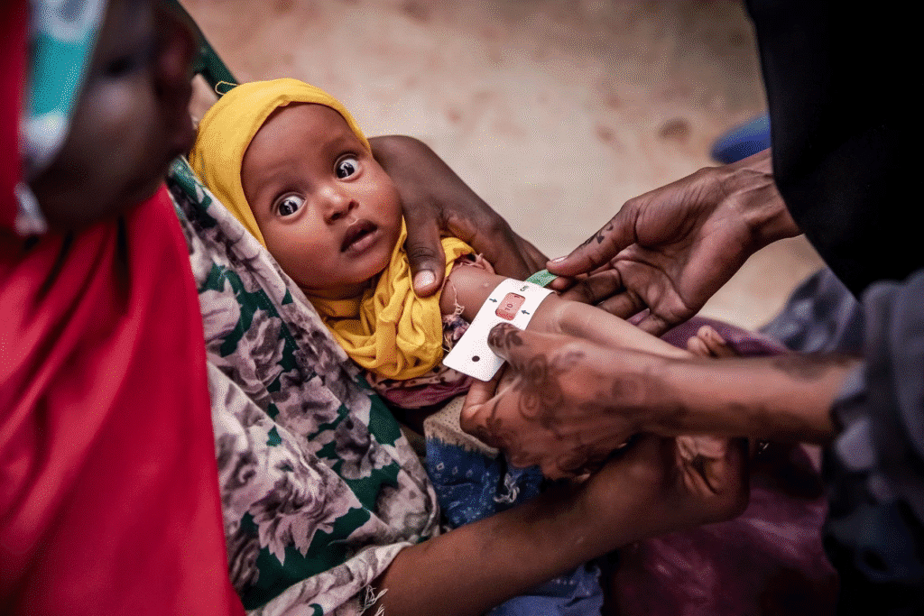Photo of a baby being held as health assessments are being performed on it